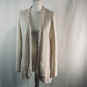 Roller Rabbit Ivory Organic Cotton Cable Trim Open Front Cardigan Sweater Small
